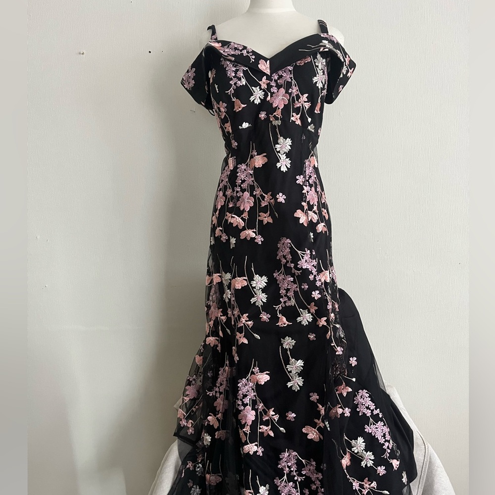 Pink Flower Blossoms on Black Sheer Gown, Off the Shoulder Sweetheart Size 16